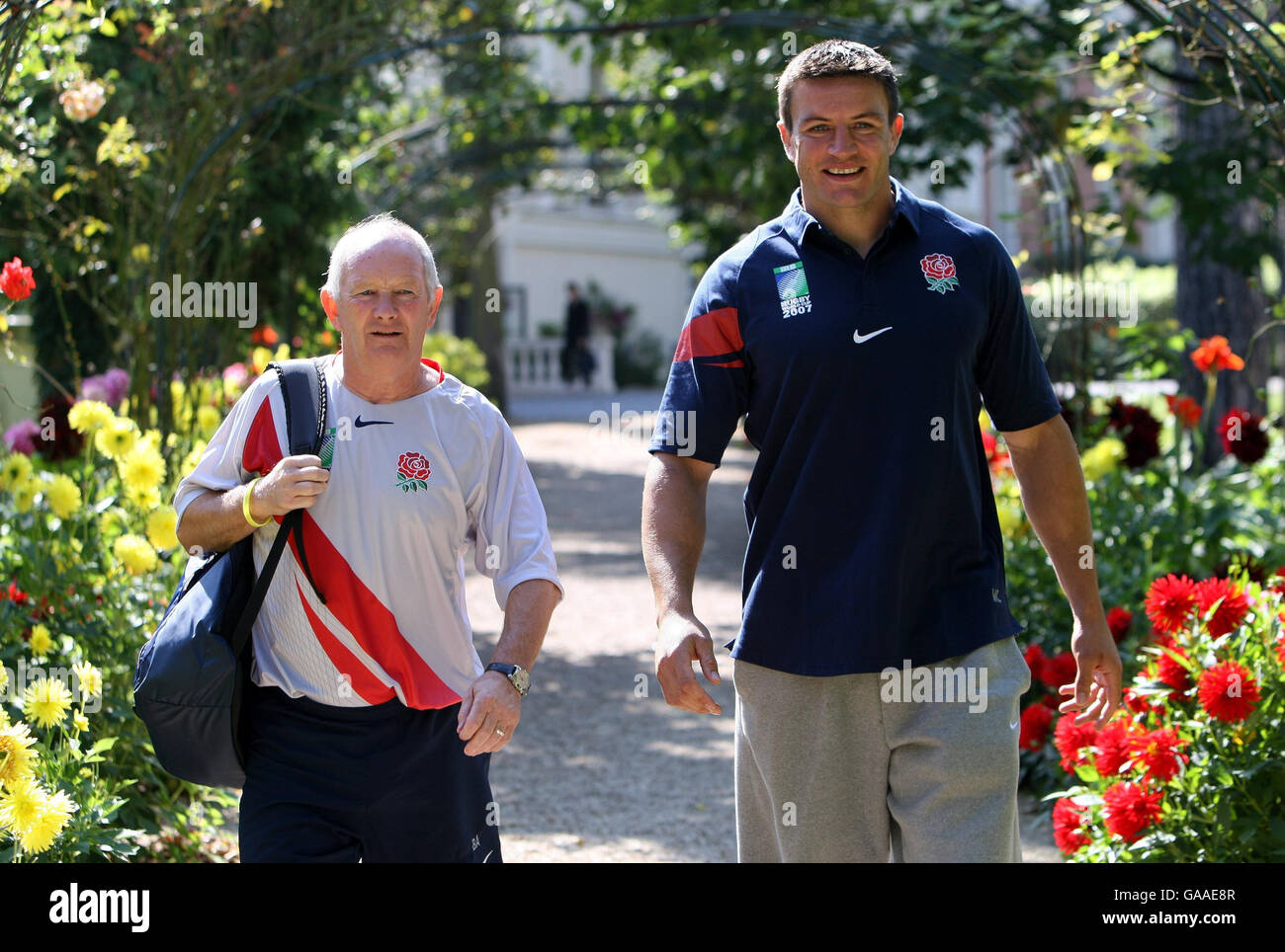 Head coach Brian Ashton and captain Martin Corry take a walk through the gardens at the team hotel in Versailles, France. Stock Photo