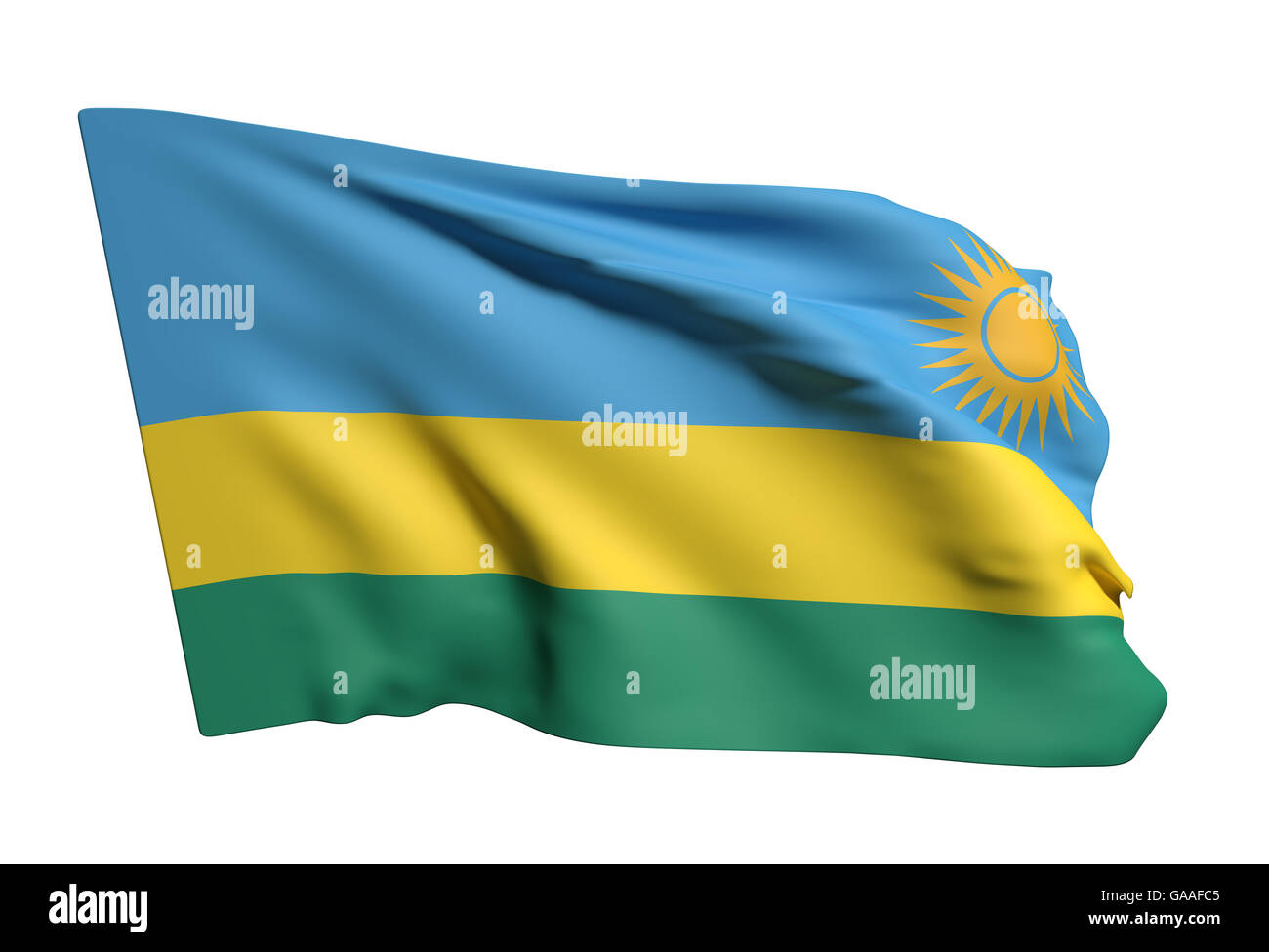 3d rendering of Republic of Rwanda flag waving on a white background ...