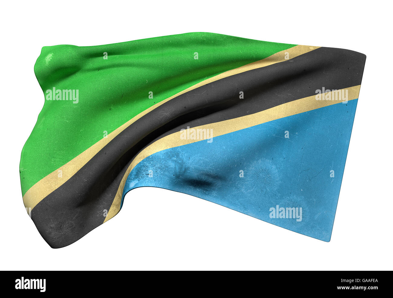 3d rendering of an old and dirty Tanzania flag waving on a white ...