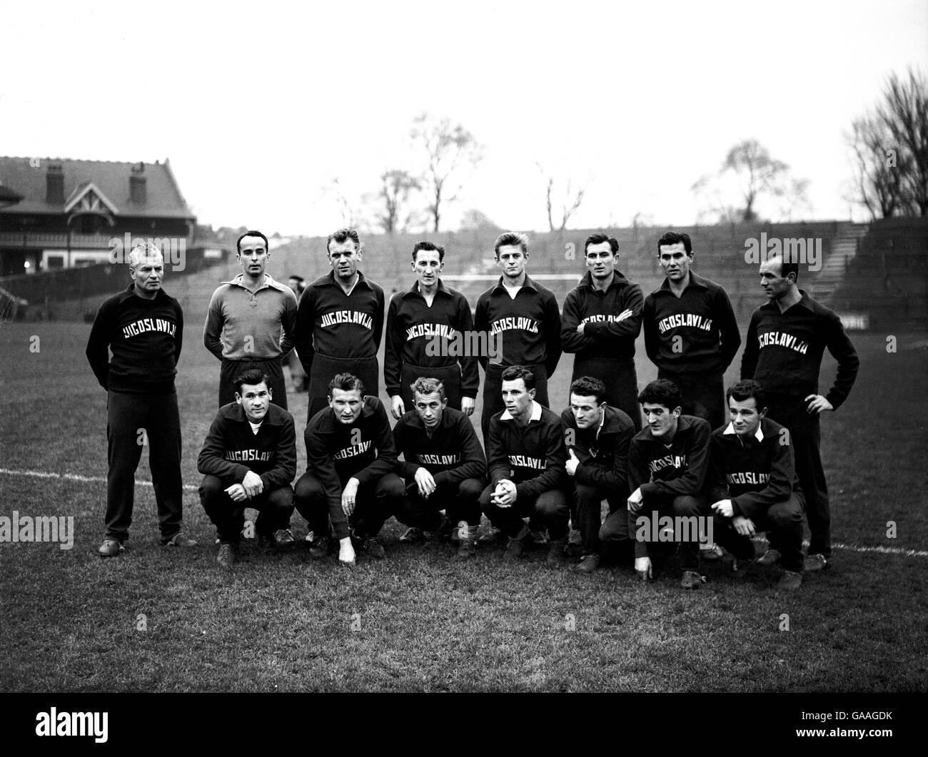 Yugoslavia team to meet England: (back row, l-r) Trainer Mocho Marjanovic, Stankovic, Kralj, Toplak, Milutinovic, Zebec, Crnkovic, Beilin; (front row, l-r) Ognjano, Horvat, Vukas, Petakovic, Rajkov, Tasio, Boskov Stock Photo