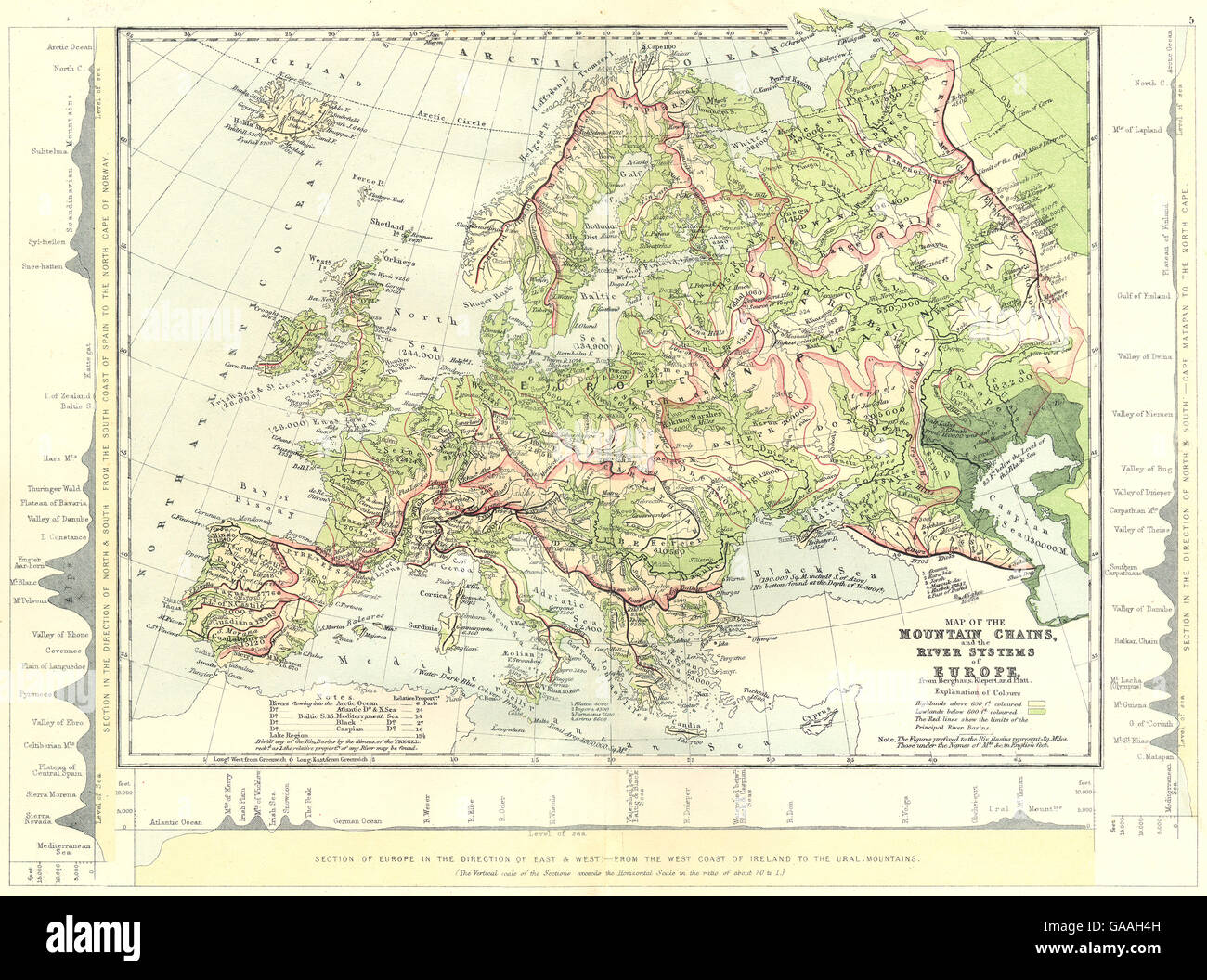 EUROPE: Map of the Mountain Chains and the River systems of Europe, 1881 Stock Photo