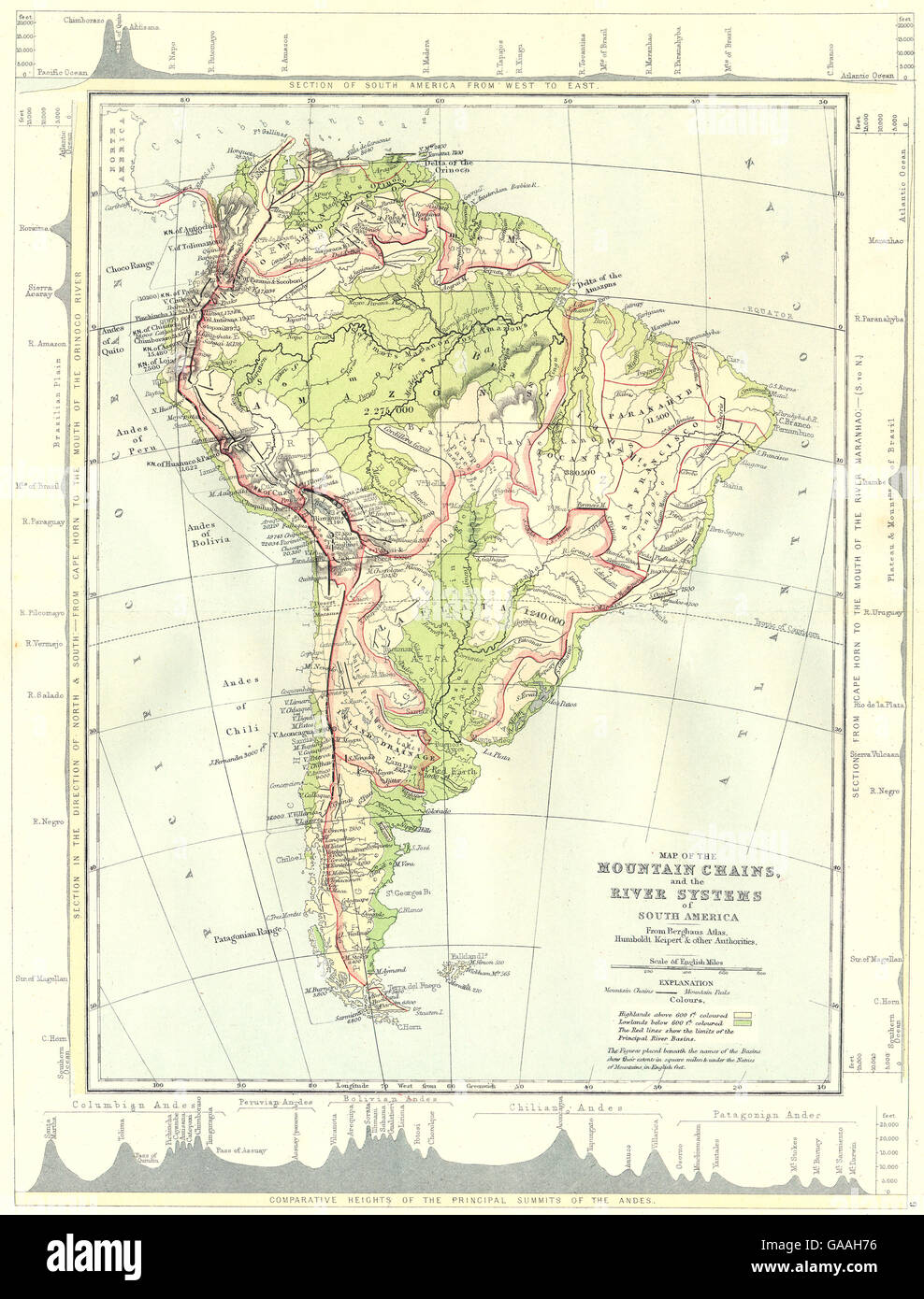SOUTH AMERICA: Map Mountain Chains & river systems of, 1881 Stock Photo