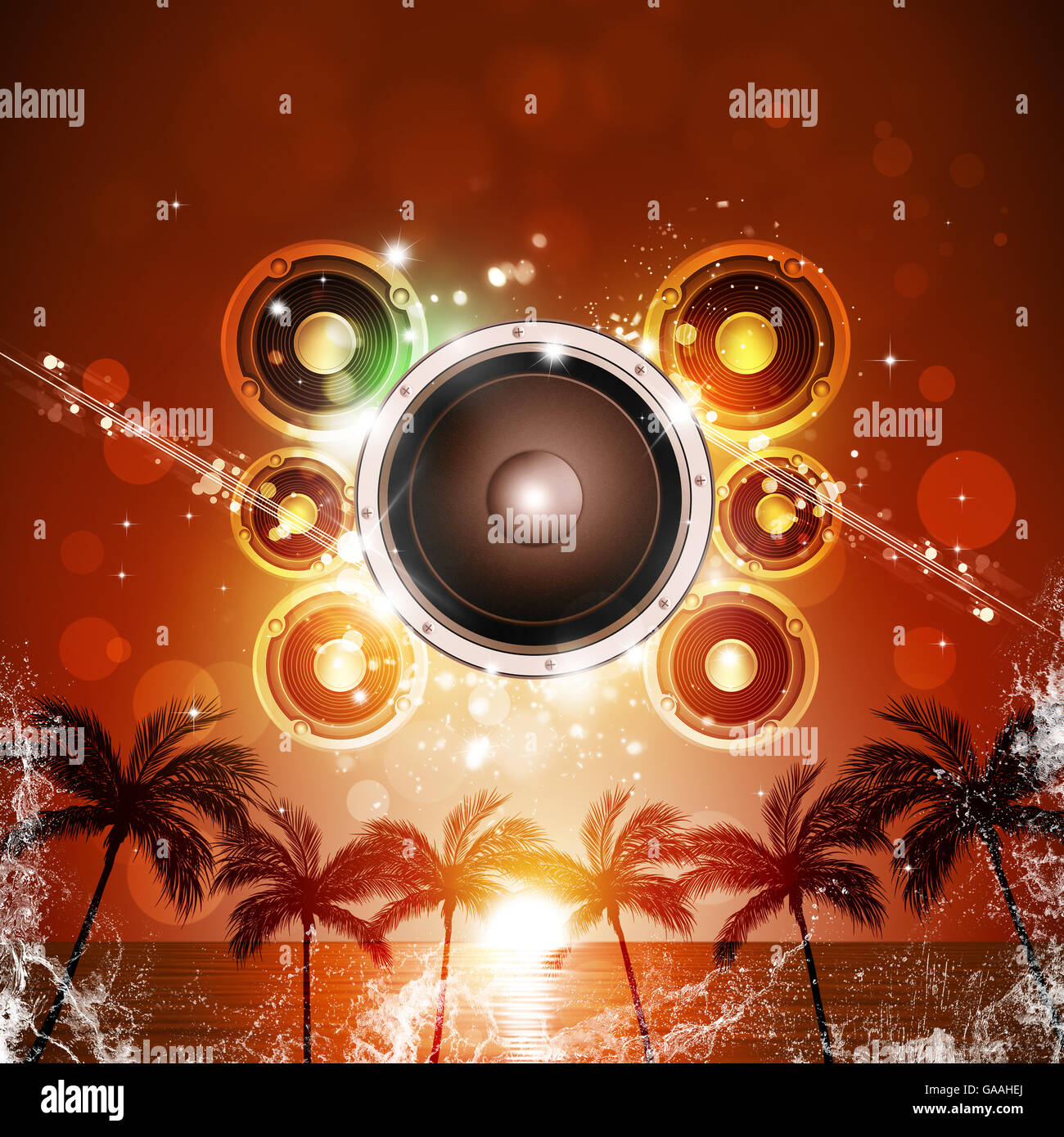 summer party music poster with palms and sound speaker Stock Photo