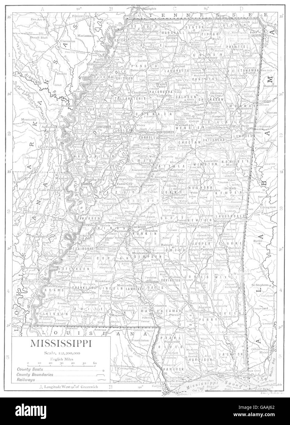 MISSISSIPPI: Mississippi state map showing counties, 1910 Stock Photo