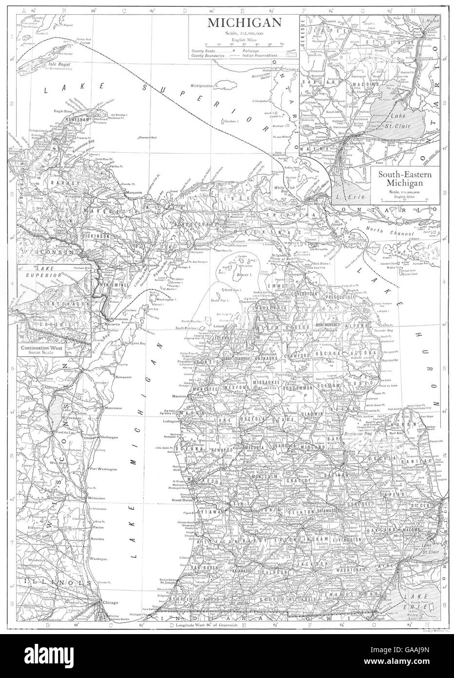 MICHIGAN: State map showing counties; Inset South-Eastern Michigan Detroit 1910 Stock Photo