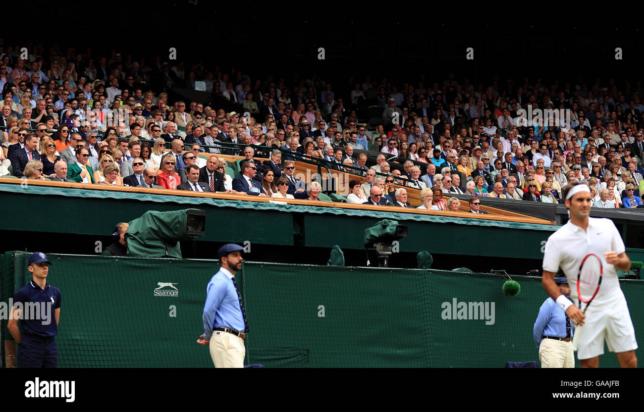 General view of the royal box as Roger Federer plays on day seven of the Wimbledon Championships at the All England Lawn Tennis and Croquet Club, Wimbledon. Stock Photo