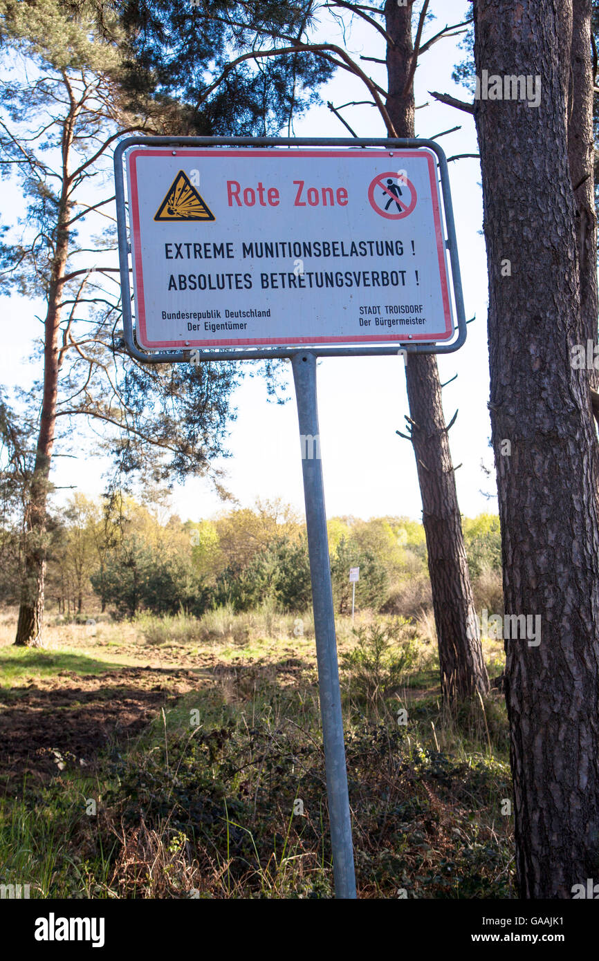 Germany, Troisdorf, North Rhine-Westphalia, sign warns of unexploded munition in the Wahner Heath, till 2004 large parts of the Stock Photo