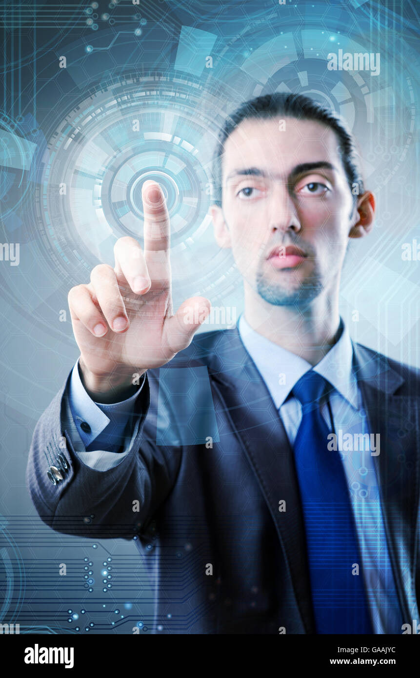 Virtual Button Pc Businessman pressing virtual buttons in futuristic concept Stock Photo ...