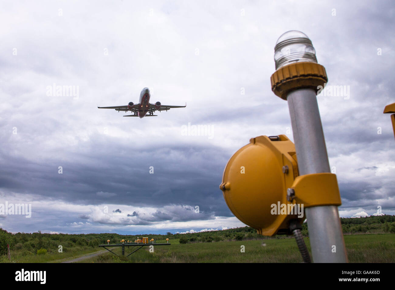 Germany, Cologne, approach for landing at Cologne Bonn Airport, above the Wahner heath. Stock Photo
