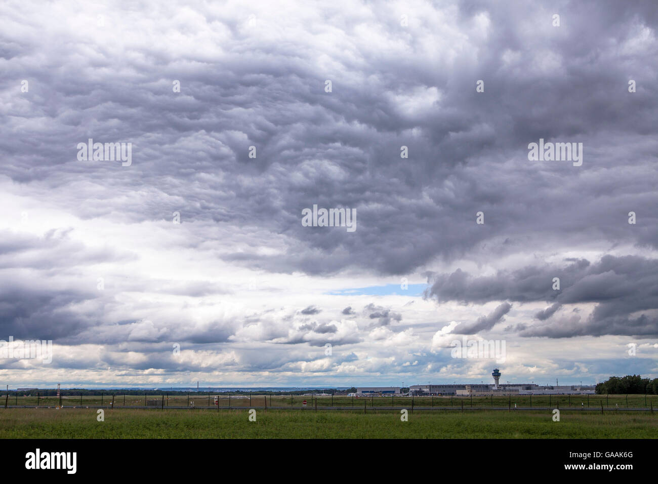 Germany, Troisdorf, North Rhine-Westphalia, thunderclouds above the airport Cologne Bonn. Stock Photo