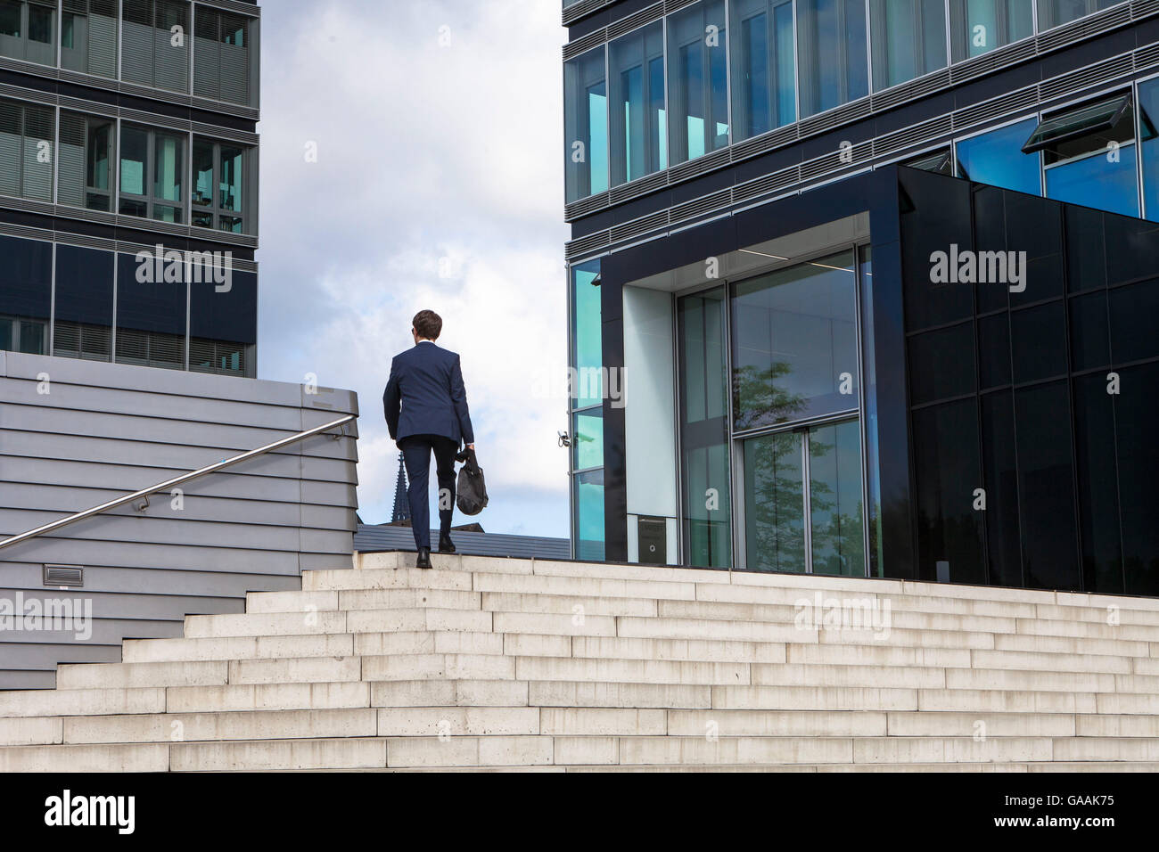 Germany, North Rhine-Westphalia, Cologne, stairs at the Kennedy square at the Lanxess Tower in the district Deut. Stock Photo
