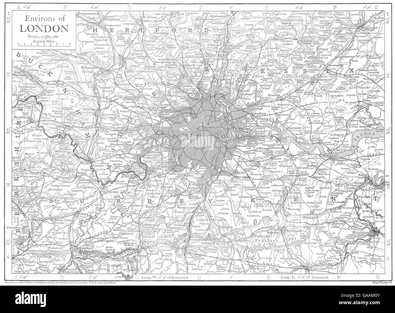 LONDON: Environs of London; Greater London, Homes counties, 1910 antique map Stock Photo