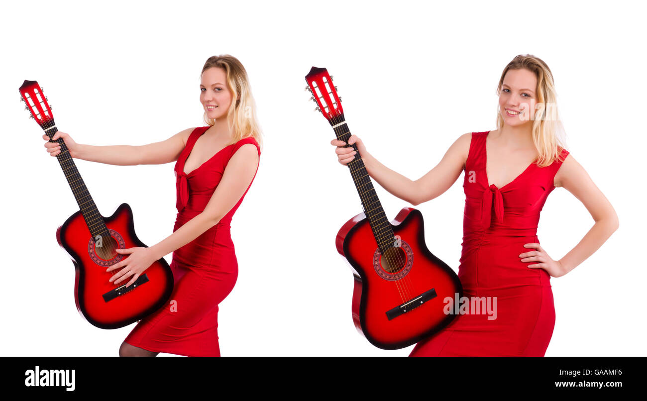 Pretty girl holding guitar isolated on white Stock Photo - Alamy