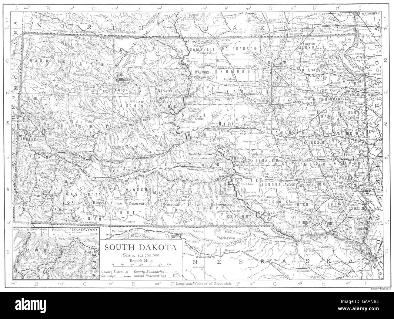 SOUTH DAKOTA: South Dakota state map showing counties; Inset Deadwood, 1910 Stock Photo