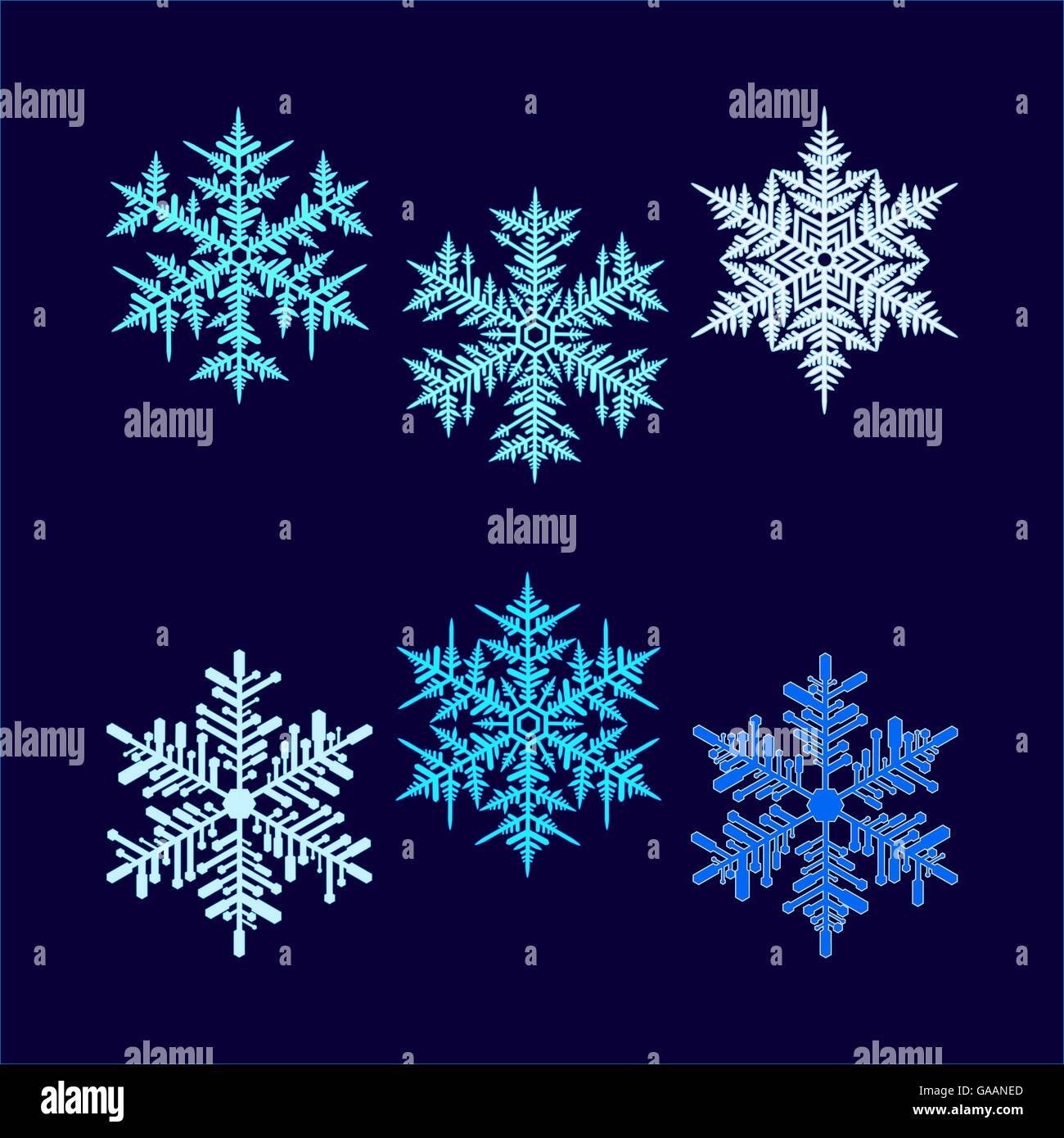 Six vector beautiful snowflakes on dark blue background Stock Vector ...