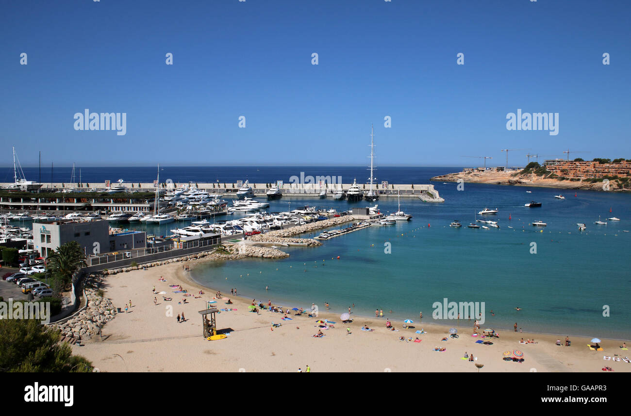 View over El Toro beach and Port Adriano marina, Port Adriano marina, El Toro, Calvia, South West Mallorca / Majorca, Baleares Stock Photo