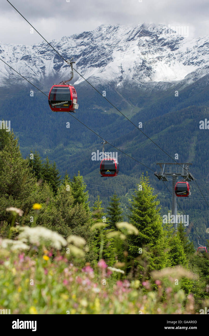 Cable cars at Fiss, Nordtirol, Austrian Alps, June 2014. Stock Photo