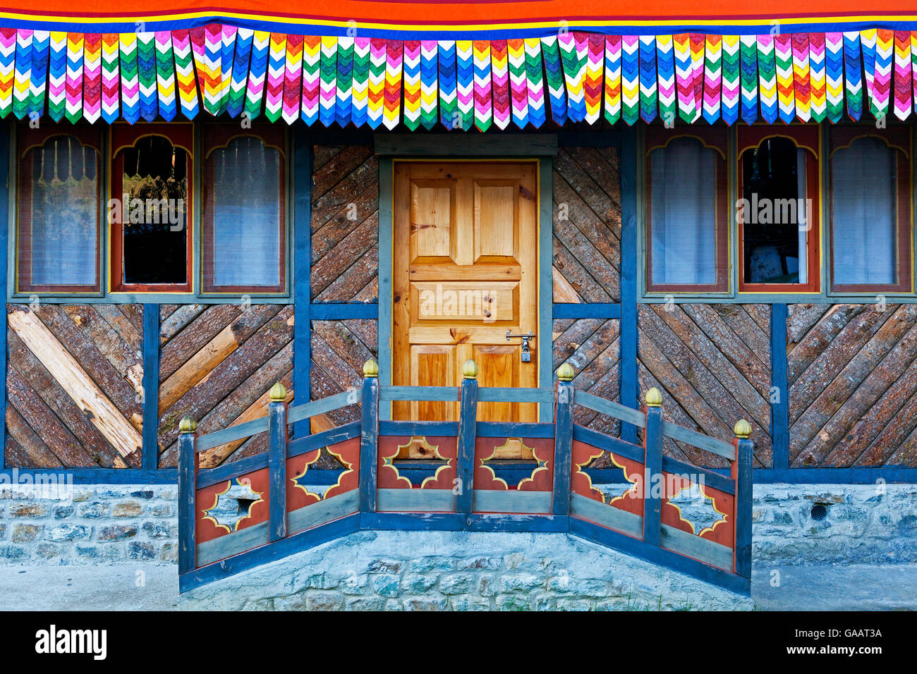Doorway of the poet Dilgo Khyentse Rinpoche&#39;s house, near Paro, Bhutan, October 2014. Stock Photo