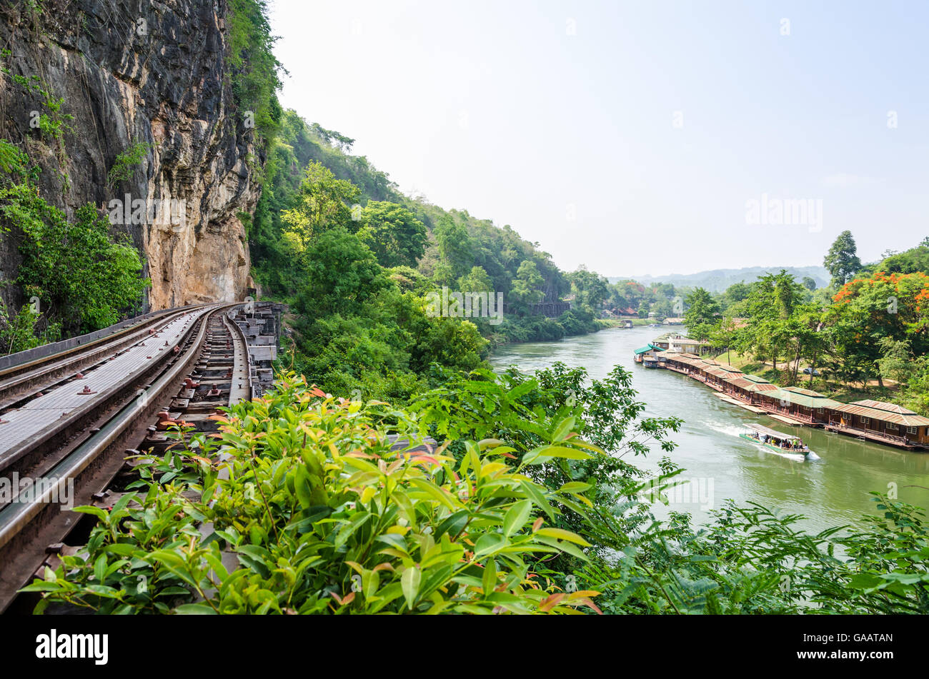 Beautiful landscape Death Railway bridge over the Kwai Noi River at Krasae cave in Kanchanaburi province Thailand Stock Photo