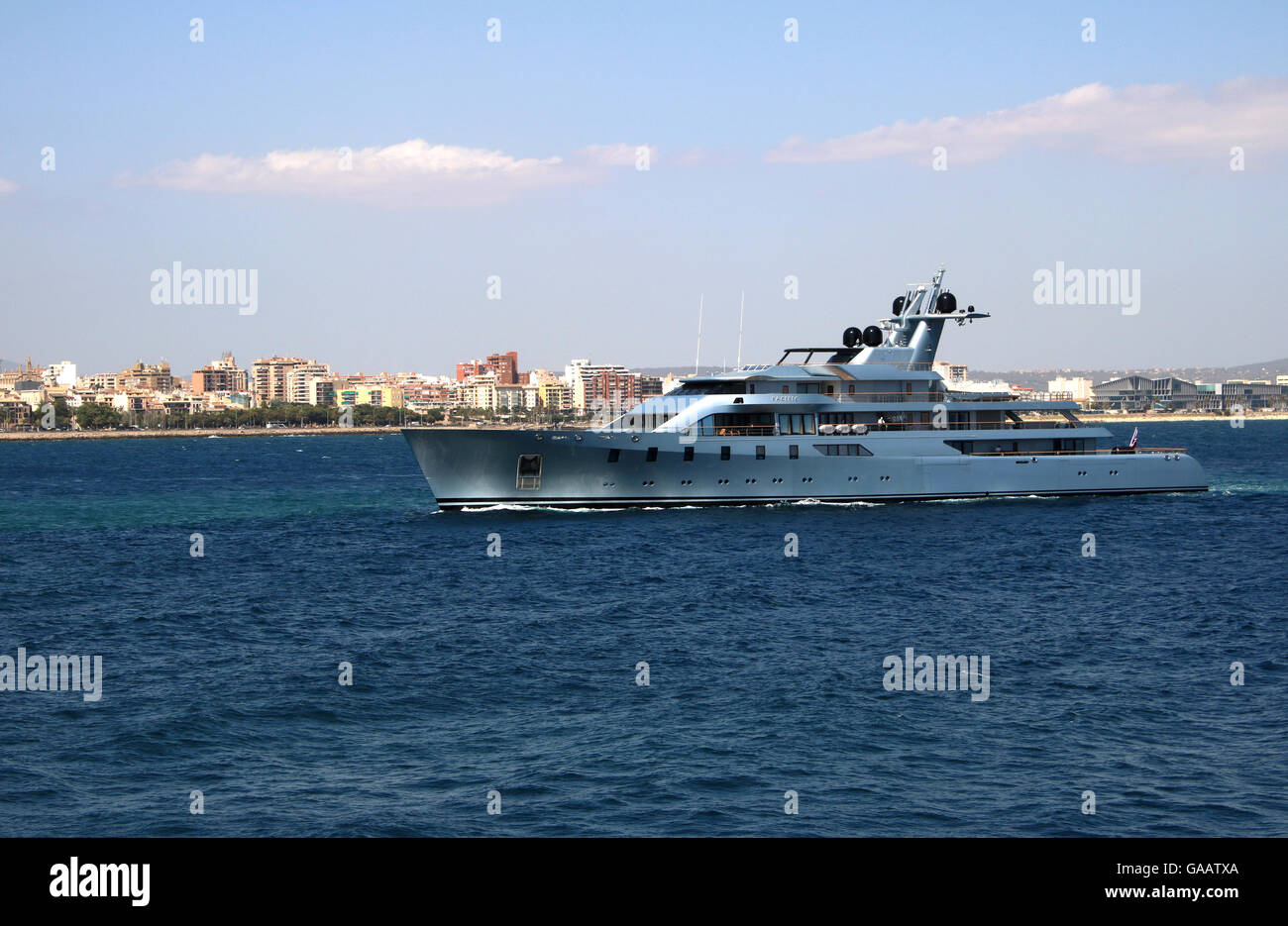 Megayacht 'Pacific' ( 85m luxury motor mega yacht built in 2010 by Lurssen) - entering the Port of Palma de Mallorca / Majorca Stock Photo