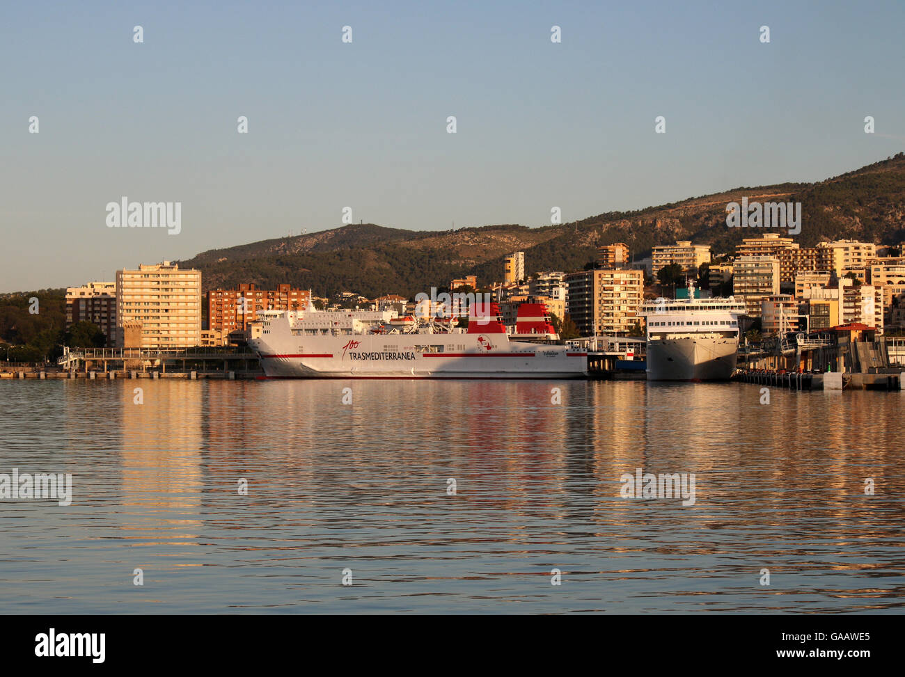 Early morning scene in the port of Palma de Mallorca / Majorca -with Trasmediterranea Ro-Ro ferry 'Zurbaran'  on berth - Baleari Stock Photo