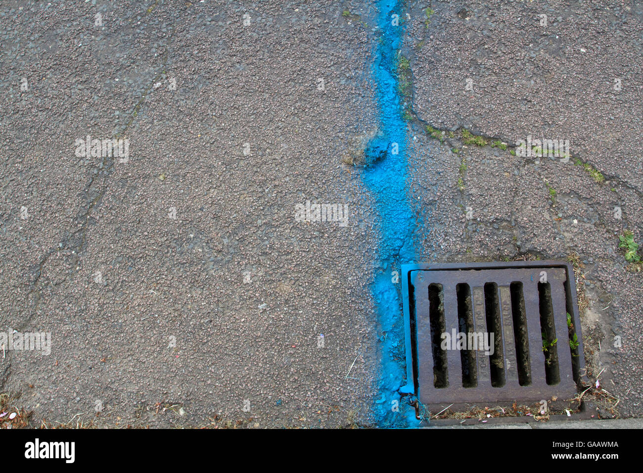 Blue line sprayed on to road surface by a drain as a road race start line Stock Photo