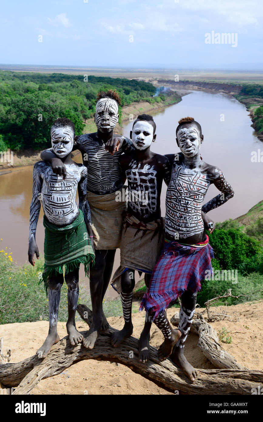 Karo boys with decorative skin painting.Territory of the Karo tribe. Omo river. Ethiopia, November 2014 Stock Photo