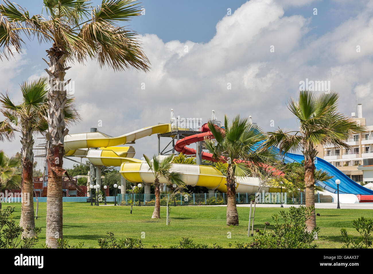 Open air aqua park in Paphos, Cyprus. Stock Photo