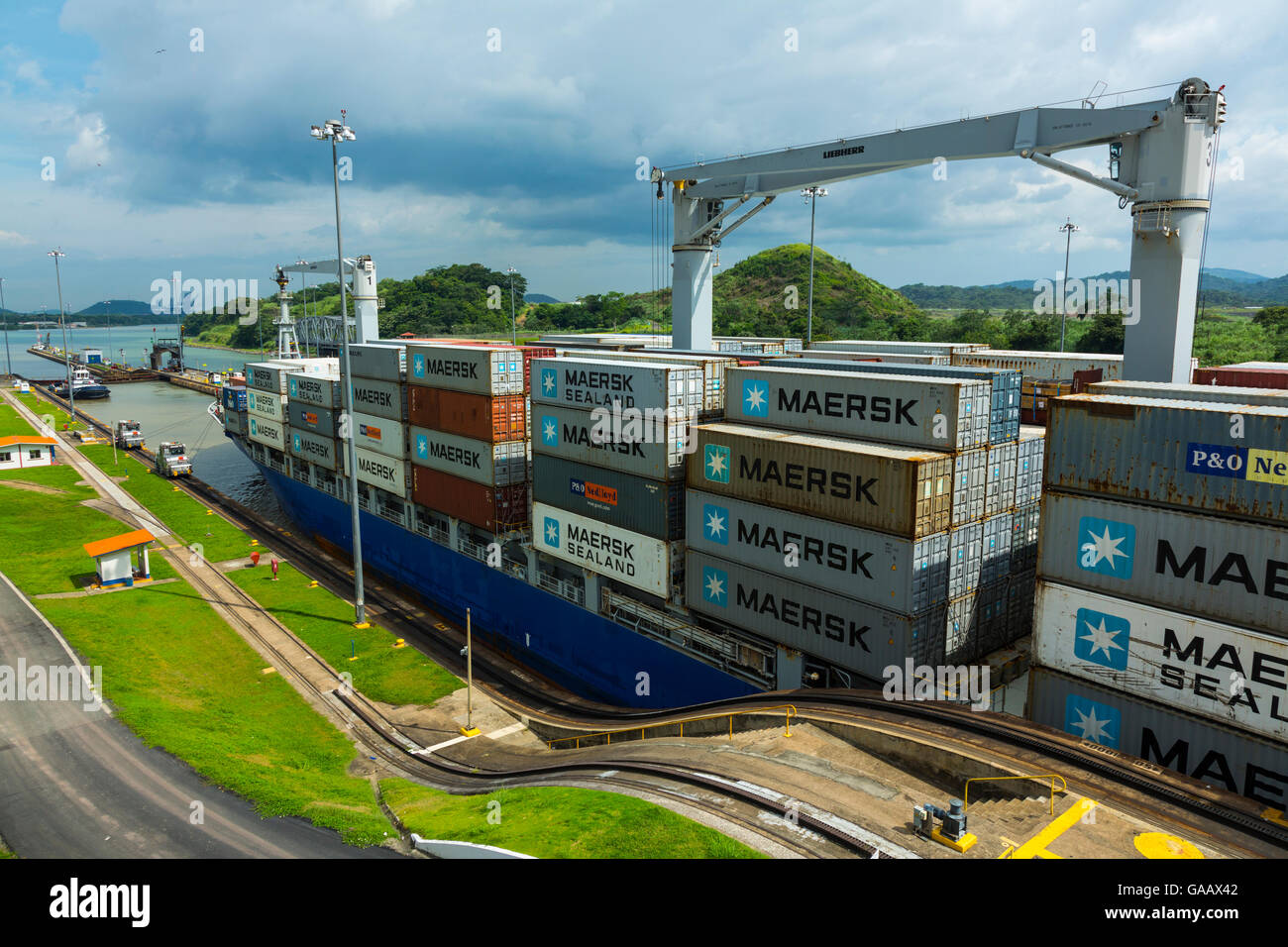 Cargo ship passing through the Panama Canal, Panama City, Panama