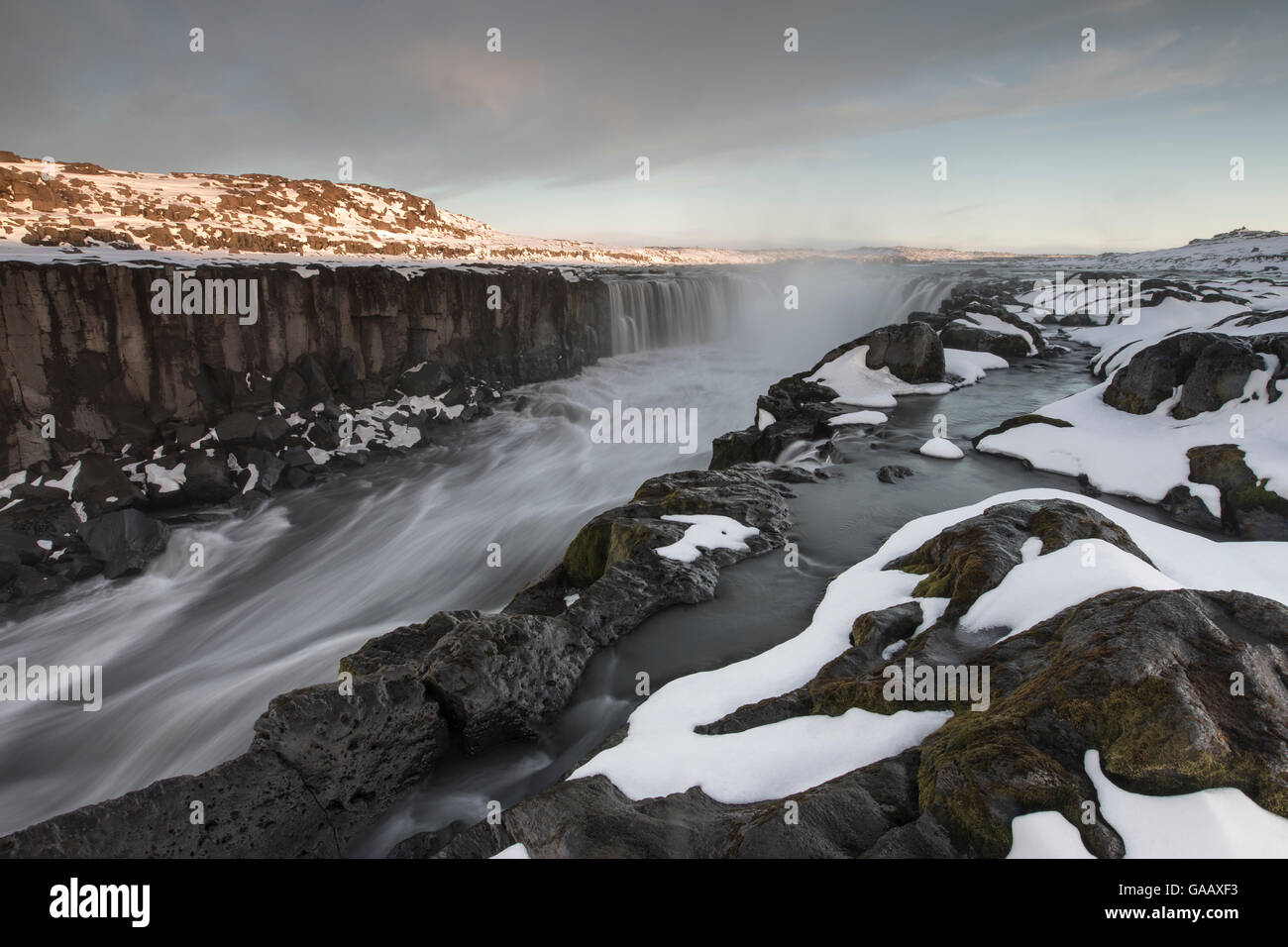 Selfoss waterfall in autumn with snow, north Iceland, September 2013. Stock Photo