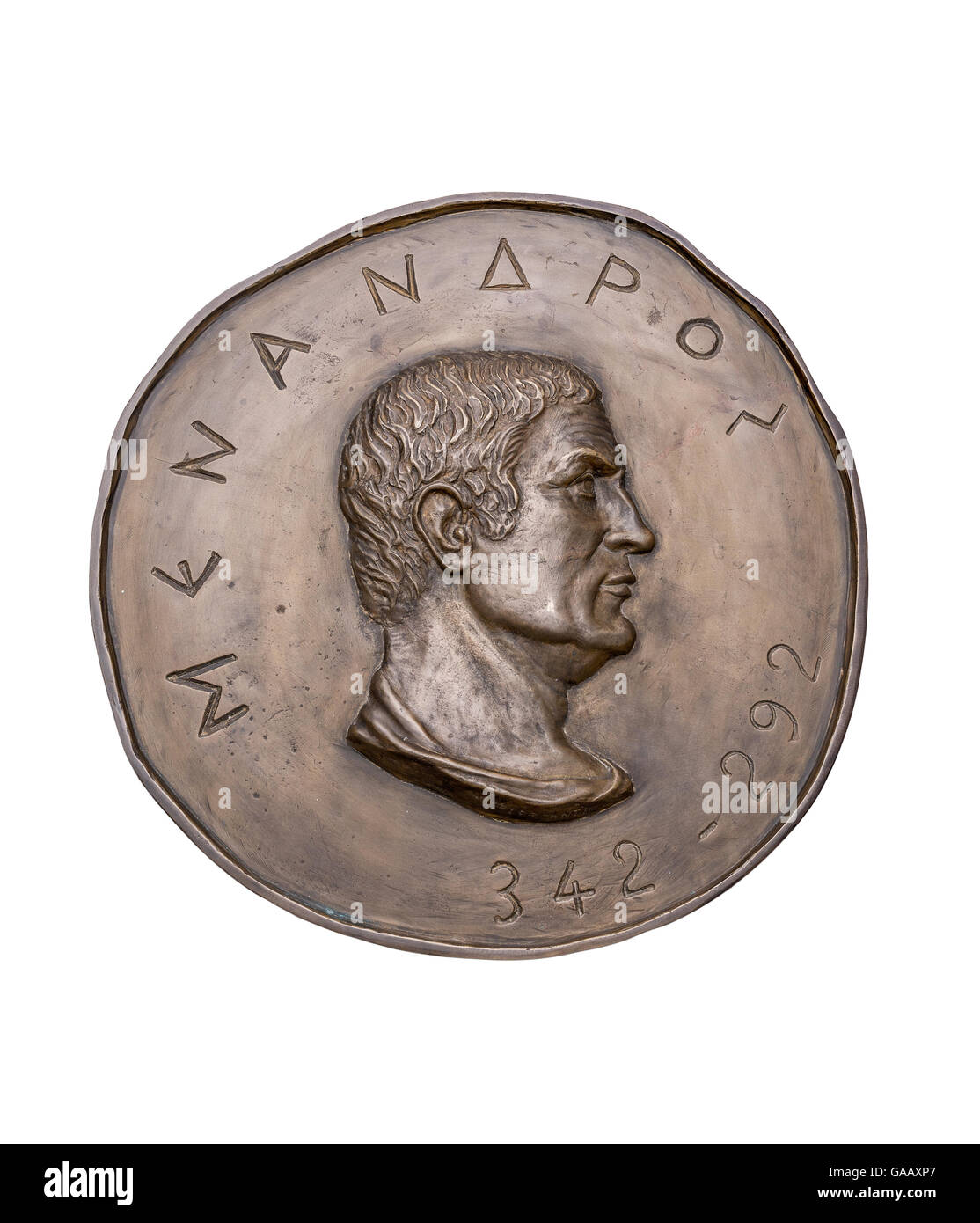 Greek Novelist Menander on Ancient Bronze Medal Stock Photo