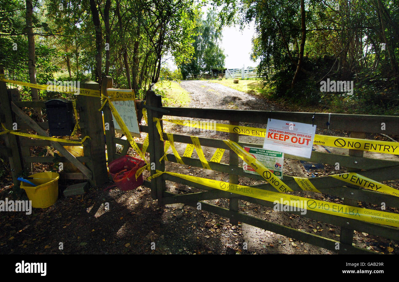 Foot and mouth disease control zone notice on gate near egham hires