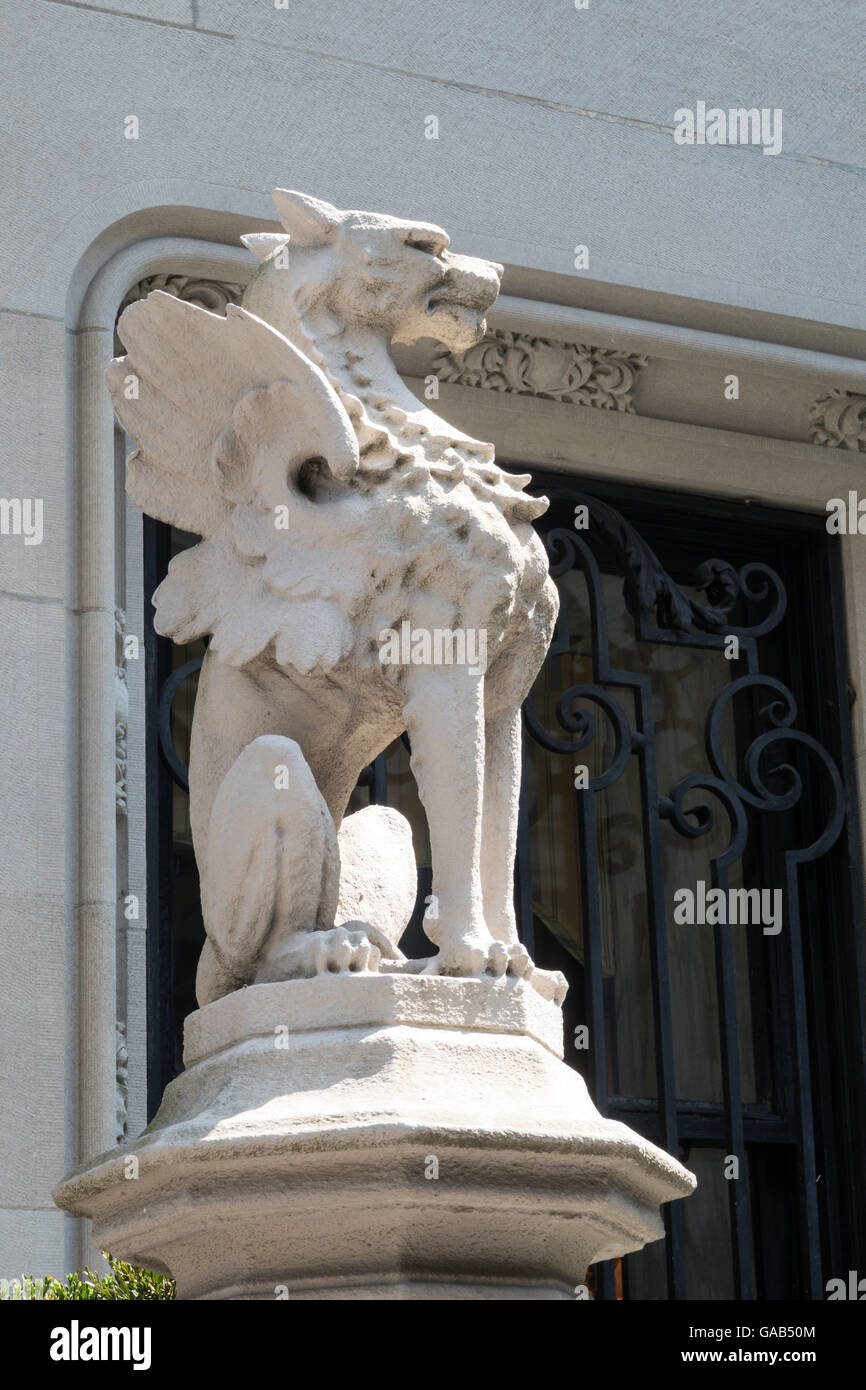 Stone Carving, Winged Griffin,  3 East 78th Street, Upper East Side, NYC Stock Photo