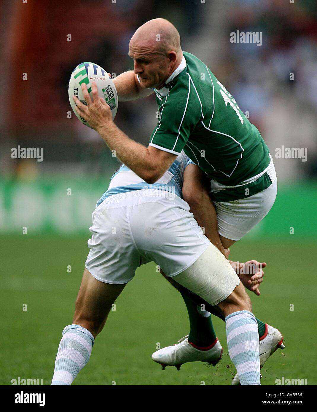 Rugby Union - IRB Rugby World Cup 2007 - Pool D - Ireland v Argentina - Parc des Princes. Ireland's Denis Hickie is dumped by Argentina's Juan Martin Hernandez Stock Photo