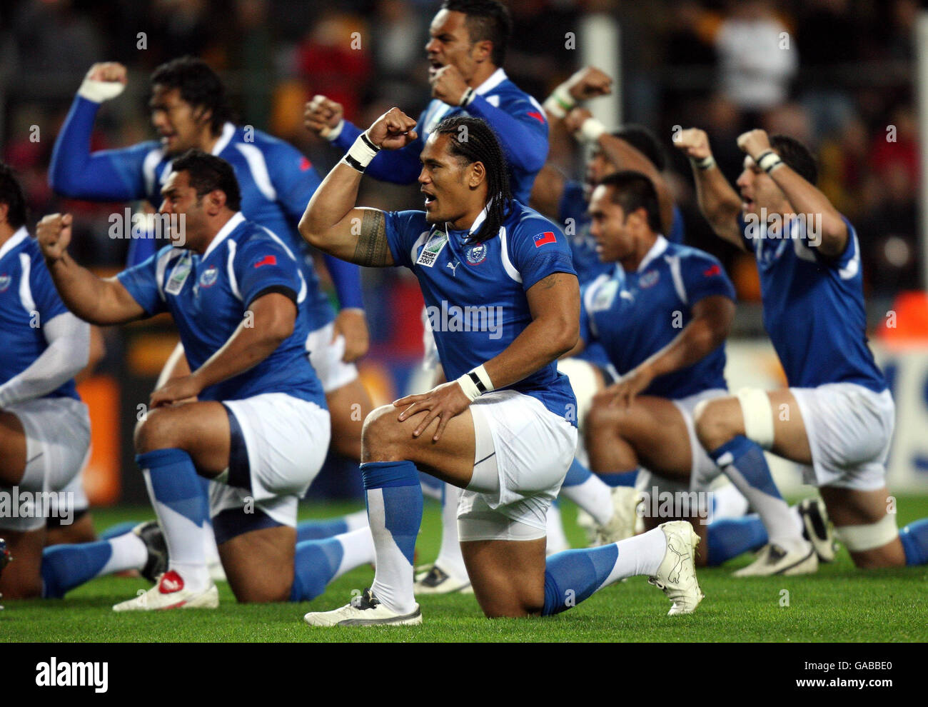 Samoa's Alesana Tuilagi performs the Siva Tau before the IRB Rugby World Cup Pool A match against the USA at Stade Geoffrey-Guichard, St Etienne, France. Stock Photo