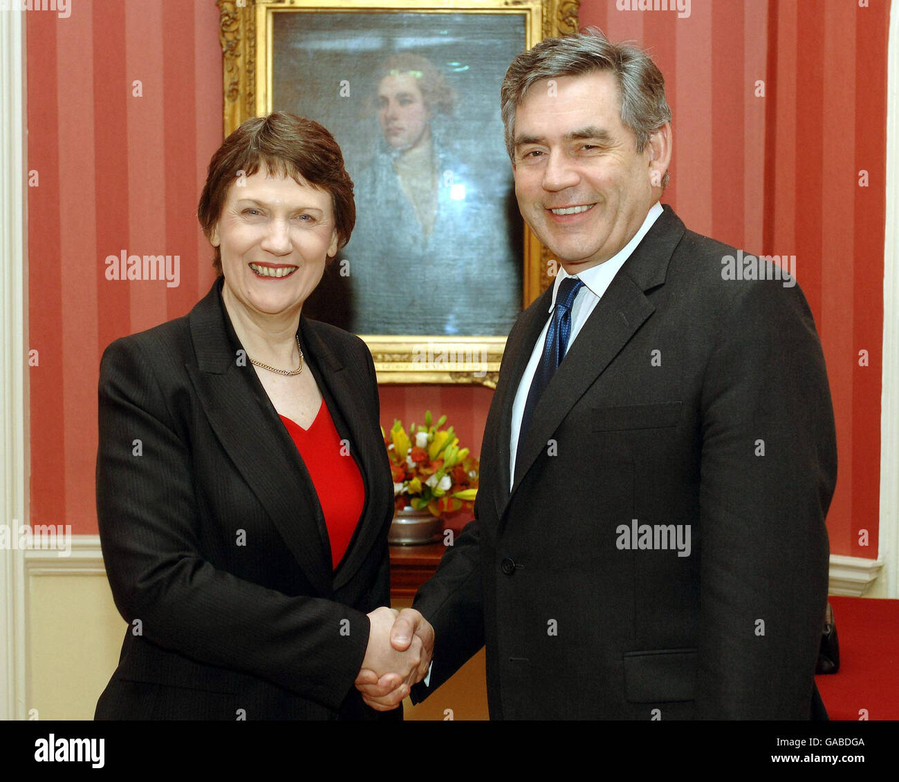The Prime Minister Gordon Brown shakes hands with Helen Clark, the Prime Minister of New Zealand, when they met at Downing Street this afternoon. Stock Photo