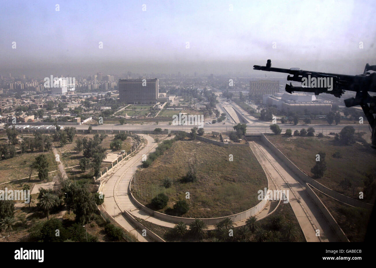 A partial view of the Iraqi capital Baghdad as seen from a United States Army helicopter, on route from Baghdad International Airport to the heavily-fortified Green Zone in Baghdad. Stock Photo