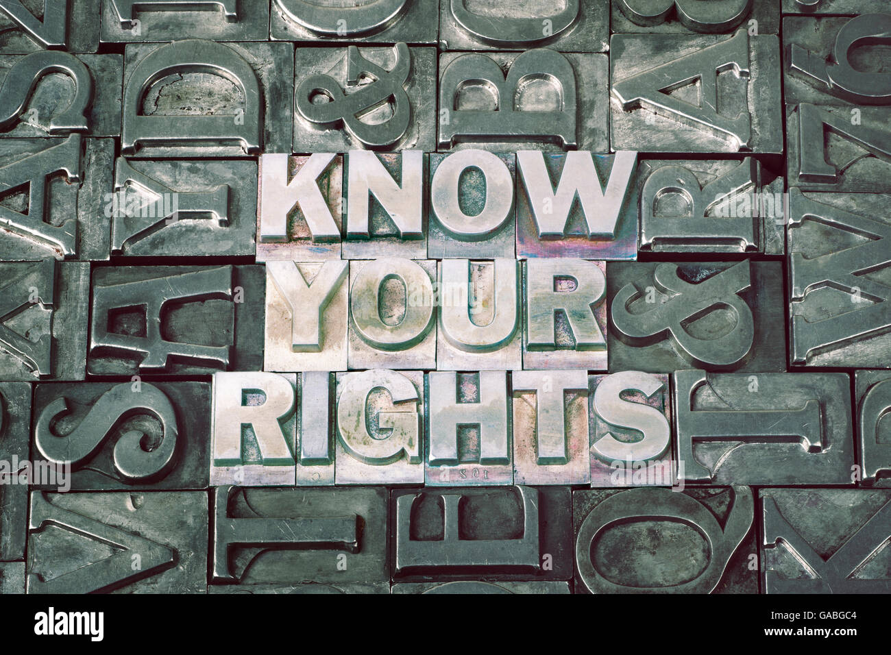 know your rights phrase made from metallic letterpress blocks with dark ...