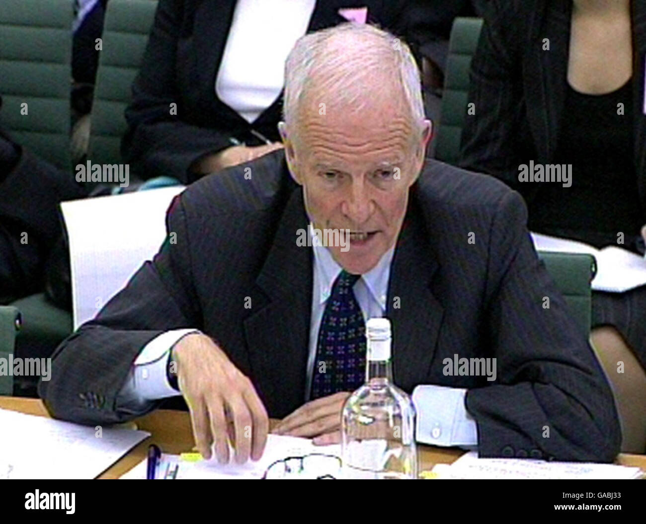 Financial Services Chairman, Sir Callum McCarthy, gives evidence to the House of Commons Treasury Select Committee on financial instability and the recent Northern Rock bank crisis. Stock Photo