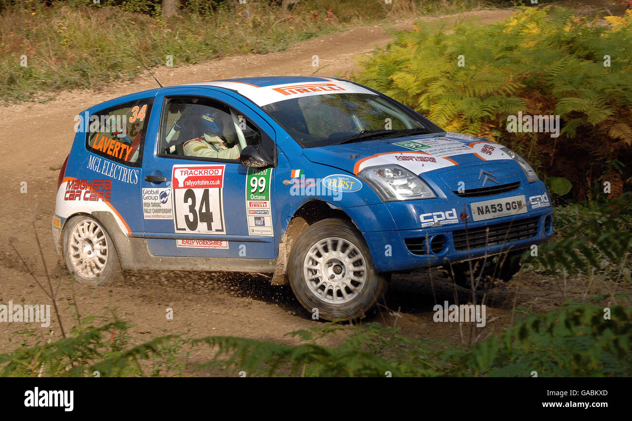 Martin Laverty driving a Citroen C2 during the Trackrod Rally Yorkshire, Cropton Forest, North Yorkshire. Postcode YO18 8ES. Stock Photo