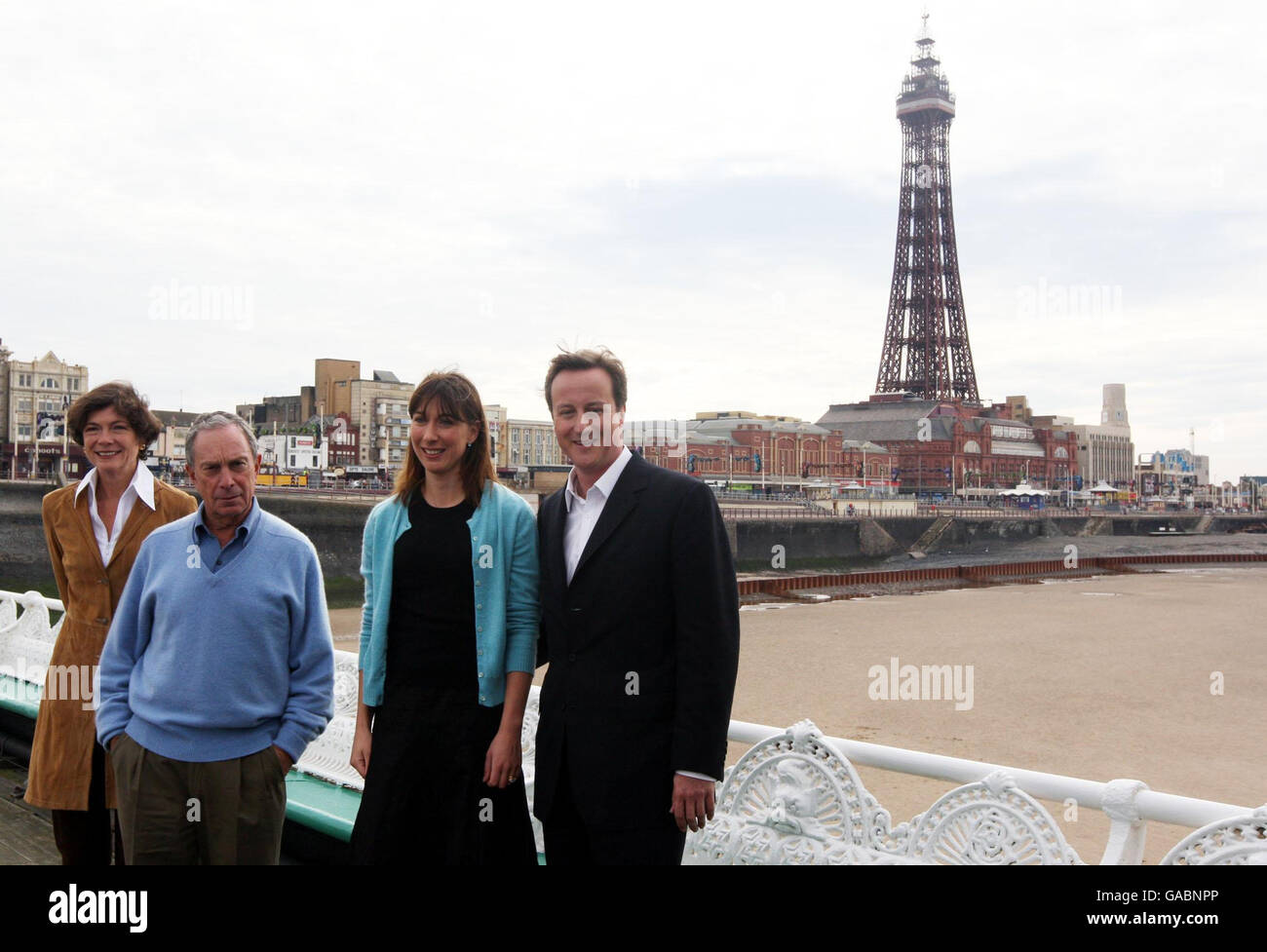 Mayor of New York Michael Bloomberg (second left) and his companion Diana Taylor (left) with David Cameron, leader of Britain's Conservative Party (right) and his wife Samantha Cameron (second right) on the North Pier in Blackpool. Stock Photo