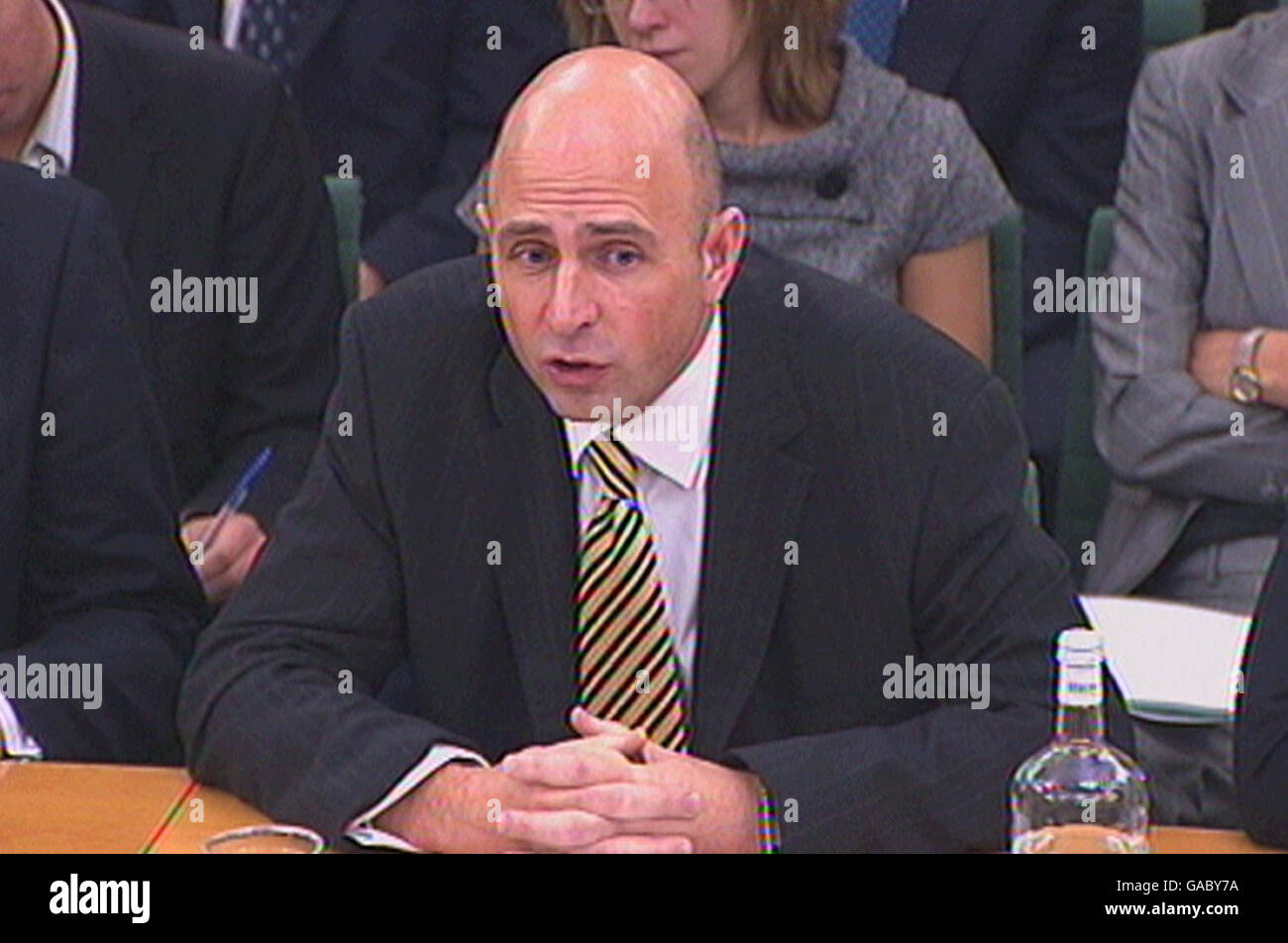 Video grab of Adam Applegarth, chief executive of Northern Rock, giving evidence to the House of Commons Treasury Committee. Stock Photo