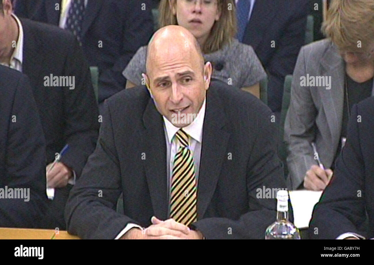 Video grab of Adam Applegarth, chief executive of Northern Rock, giving evidence to the House of Commons Treasury Committee. Stock Photo