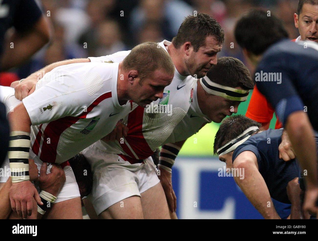 England front row Phil Vickery, Mark Regan and Andrew Sheridan prepare to  pack down against France during the IRB Rugby World Cup Semi Final match at  Stade de France, St Denis, France