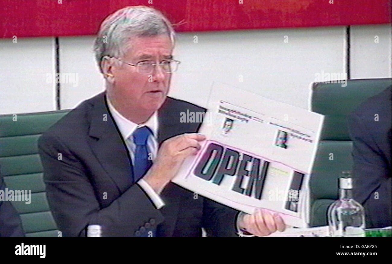 Video grab of Tory MP Michael Fallon of the House of Commons Treasury Committee questioning Northern Rock executives. Stock Photo