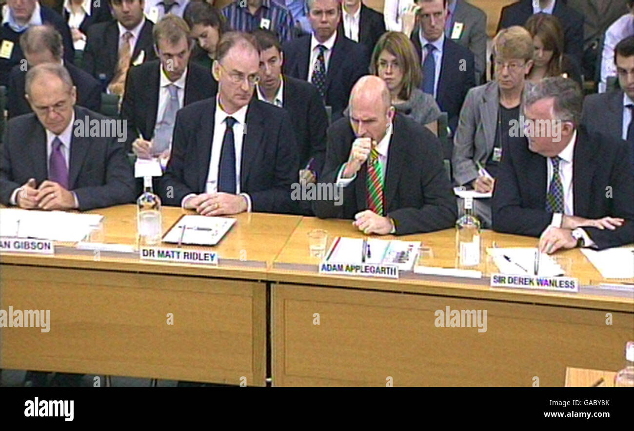 Video grab showing Northern Rock bosses (left to right) Senior Independent Director Sir Ian Gibson, Chairman Dr Matt Ridley, Chief Executive Adam Applegarth and Non-Executive Director Sir Derek Wanless, giving evidence to the House of Commons Treasury Committee. Stock Photo