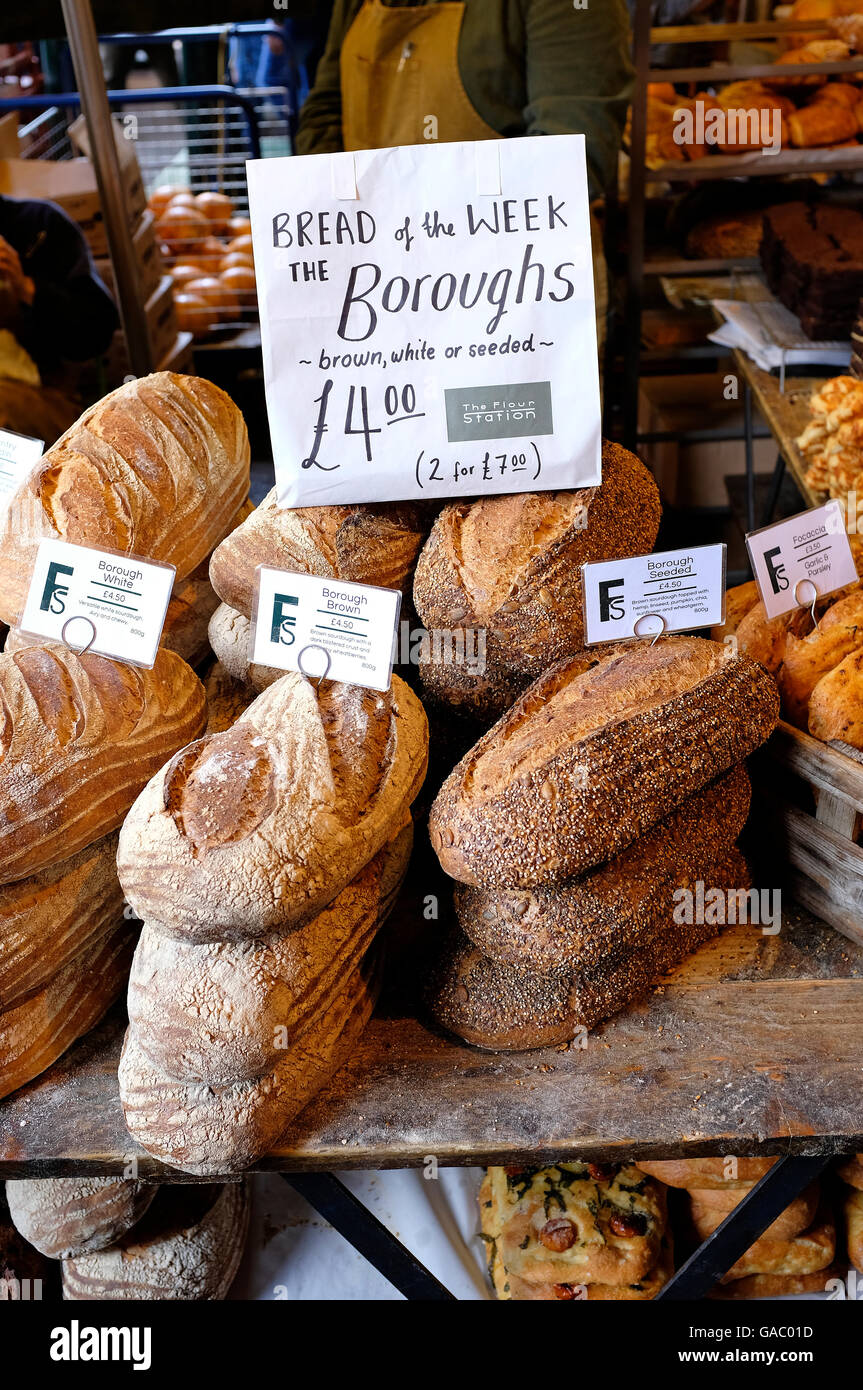 artisan bread on stall in borough market, london, england Stock Photo