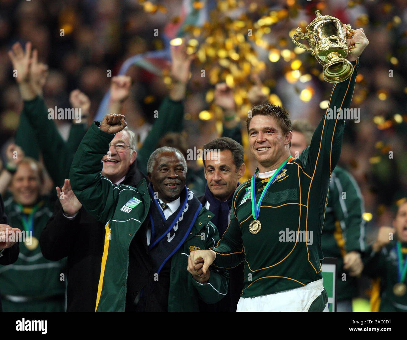 South Africa President Thabo MBeki celebrates with John Smit during the IRB Rugby World Cup Final match at Stade de France, Saint Denis, France. Stock Photo