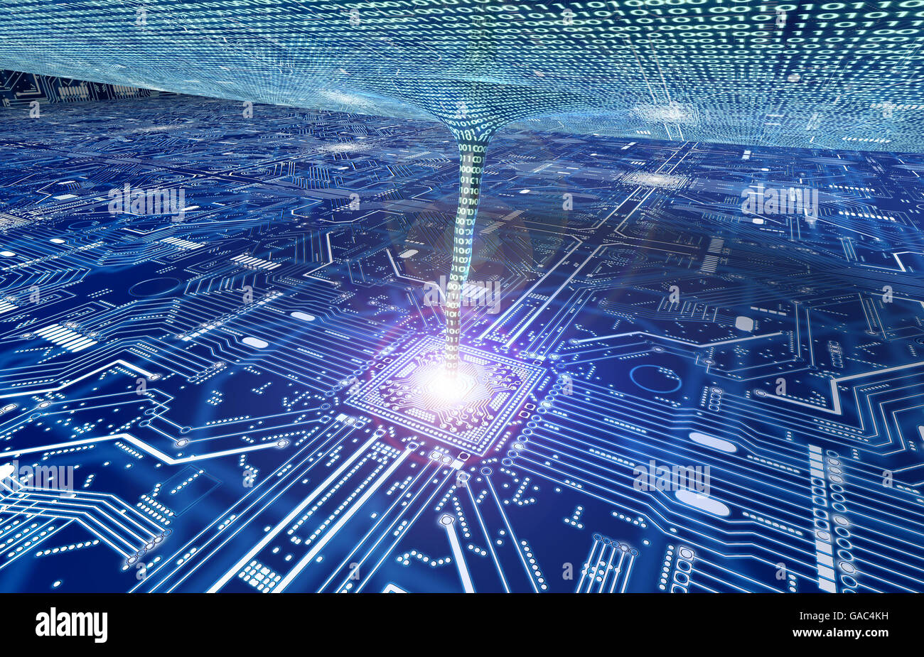 vortex sucking up data from a computer circuitboard, 3d illustration ...