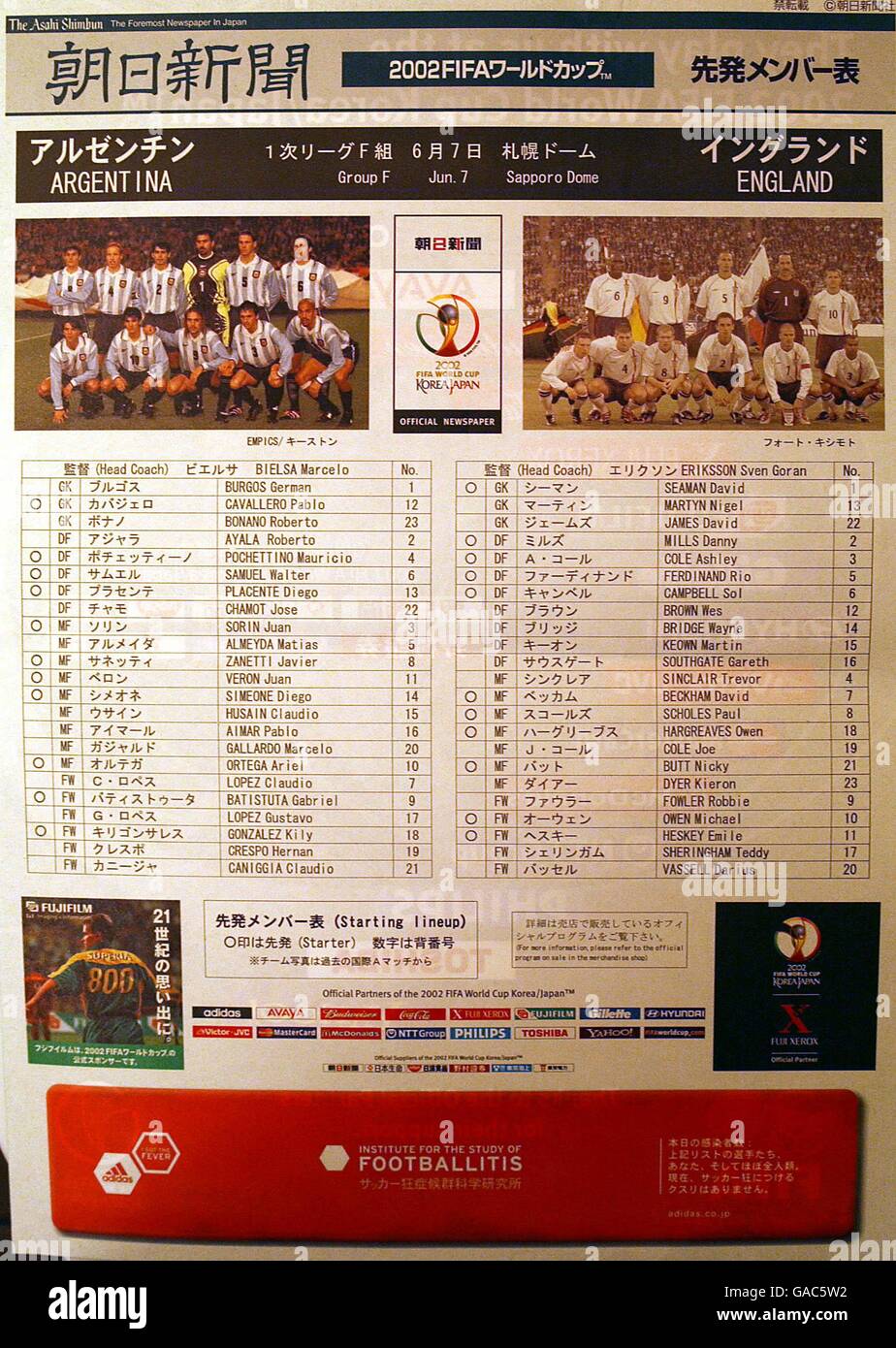 Soccer Fifa World Cup 02 Group F Argentina V England The Team Sheet For The England And Argentina Game Stock Photo Alamy
